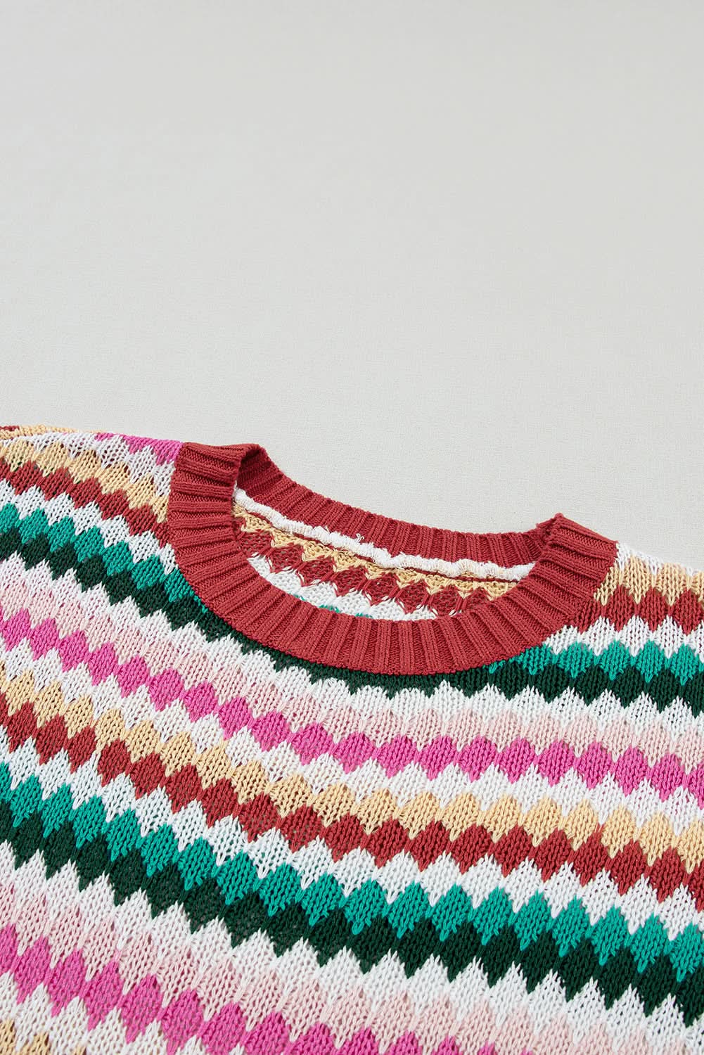 Fiery Red Trimmed Ruffle Sleeve Colorful Textured Sweater - Love Salve